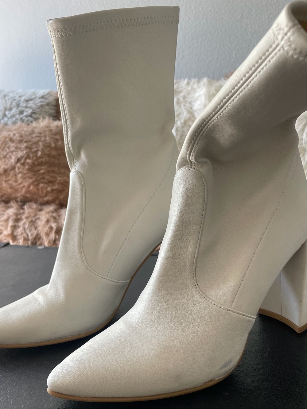 Stuart Weitzman Cream Pointed-Toe Block Heel Ankle Boots